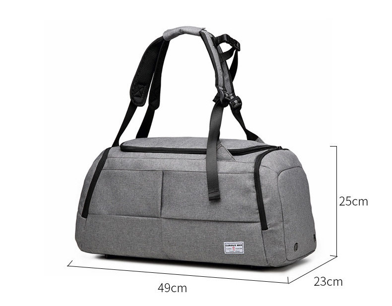 New design fashion travel mens gym duffel bag, grey color side pocket shoe carrier backpack