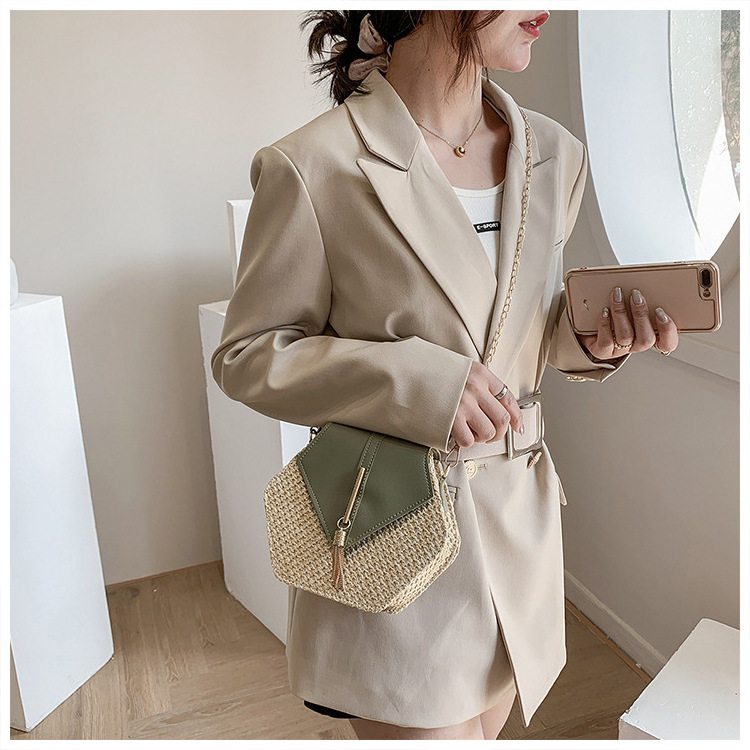 Women beach hexagon straw handbag wholesale,small straw bag everyday,hexagon multi style straw leather handbag women