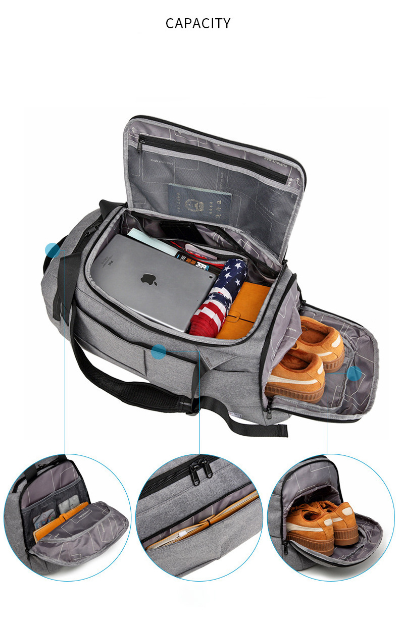 New design fashion travel mens gym duffel bag, grey color side pocket shoe carrier backpack