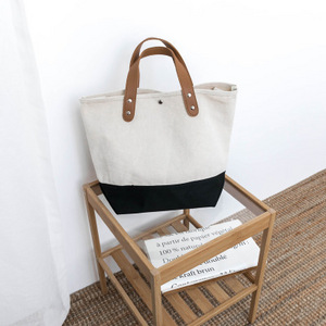 Korean style women canvas tote bag,heavy duty jute tote bag with leather strap,custom plain canvas tote bag with leather straps