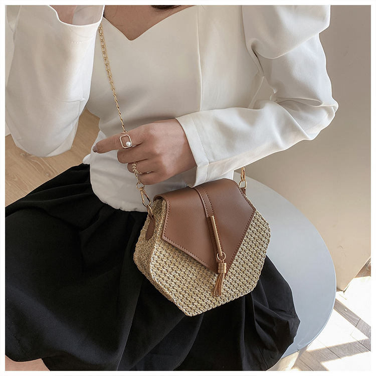 Women beach hexagon straw handbag wholesale,small straw bag everyday,hexagon multi style straw leather handbag women