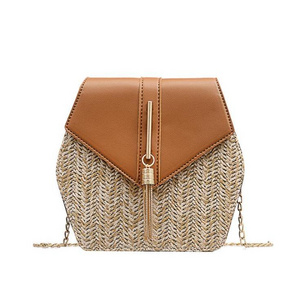 Women beach hexagon straw handbag wholesale,small straw bag everyday,hexagon multi style straw leather handbag women