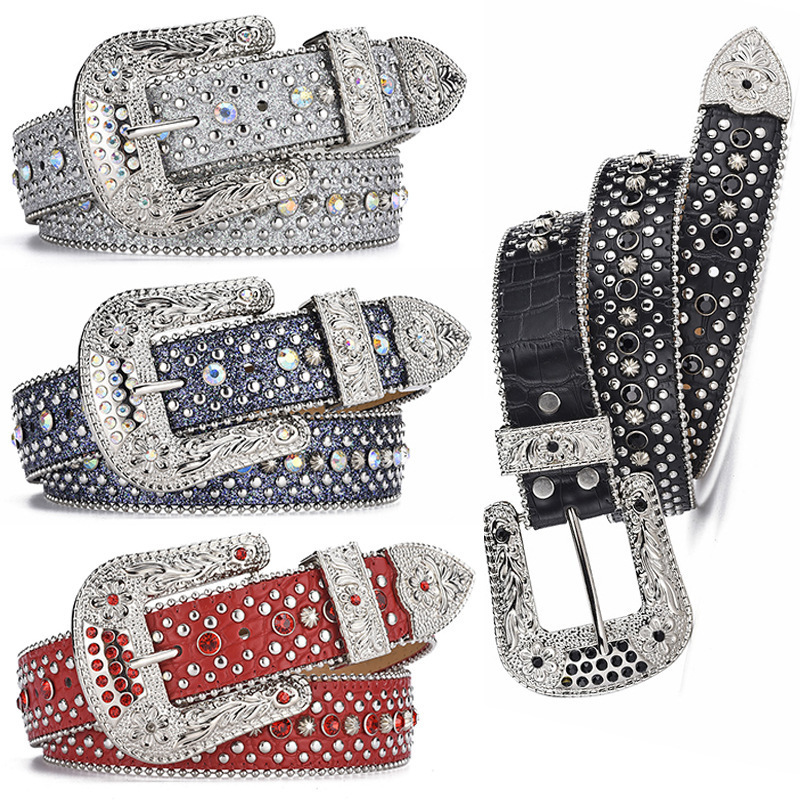 REWIN Luxury Shiny Western Studded PU Leather Jeans Waist Belt Crystal Rhinestones Diamond Belt for Men Women