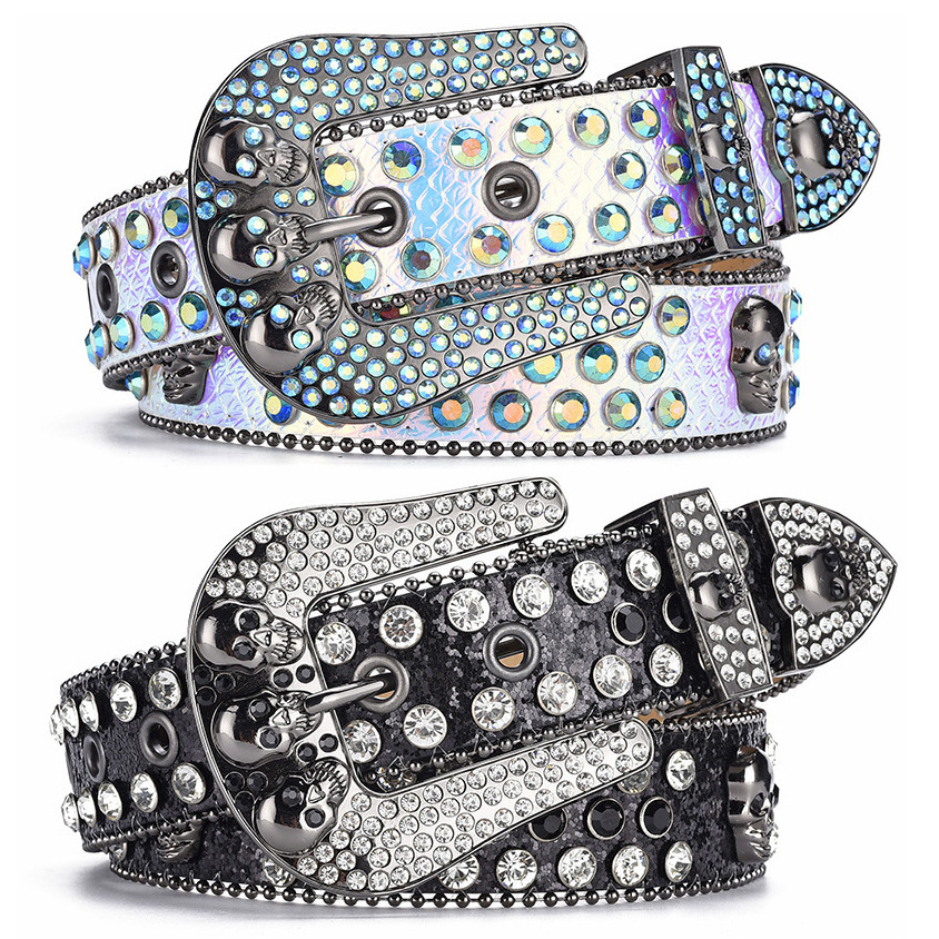 REWIN Luxury Shiny Western Studded PU Leather Jeans Waist Belt Crystal Rhinestones Diamond Belt for Men Women