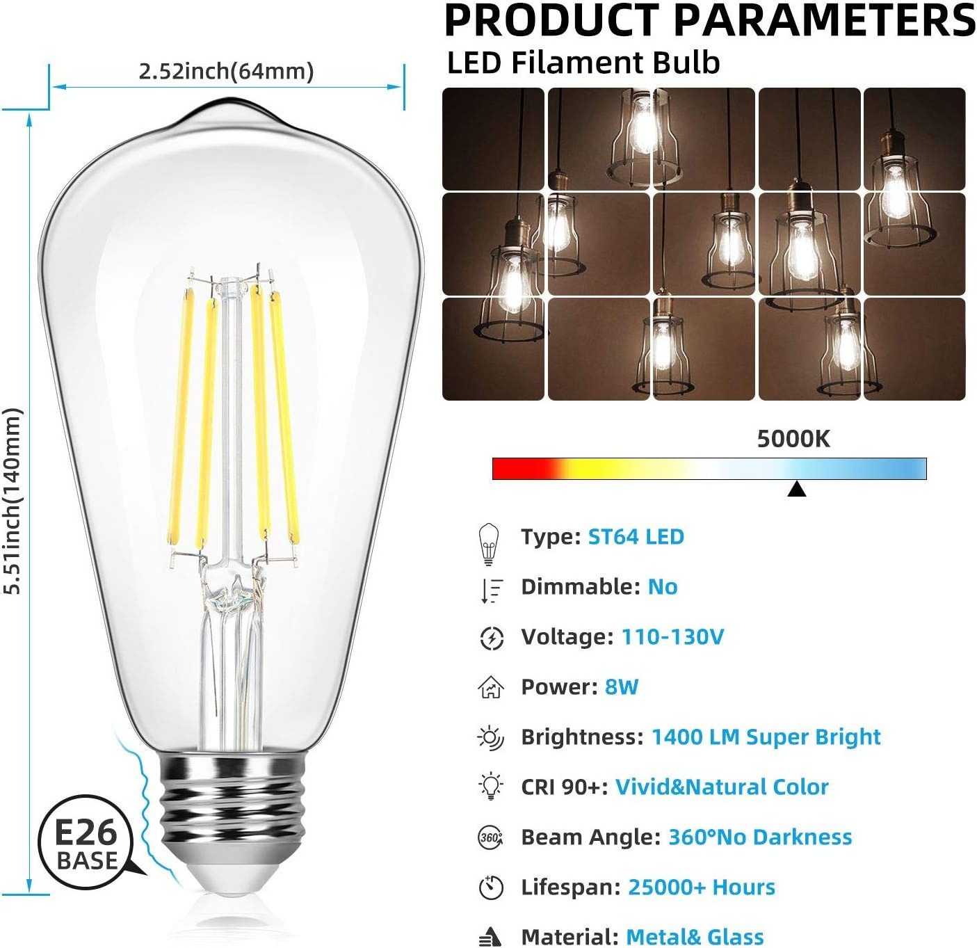 Vintage 8W ST64 LED Edison Light Bulbs Antique Glass Style E26 Base LED Filament Bulbs