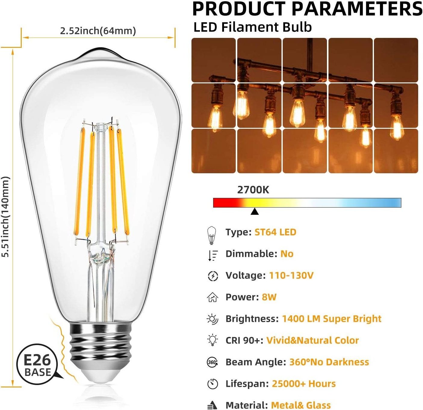 Vintage 8W ST64 LED Edison Light Bulbs Antique Glass Style E26 Base LED Filament Bulbs