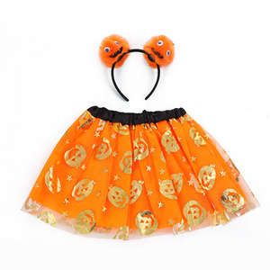 Children's Halloween Tulle Puffy Tutu Skirt Cute Pumpkin Headband Suit Halloween Party Stage Costume Decoration