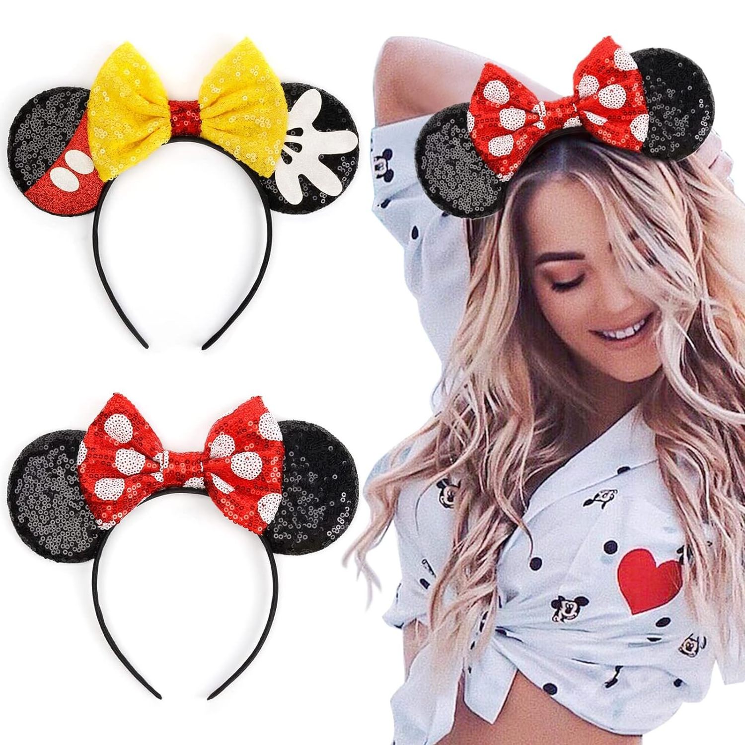 HB410 Wholesale Sequin Mouse Ears Headband Shiny Minnie Mouse Ears Headband for Women Girls Park Party Hair Hoops