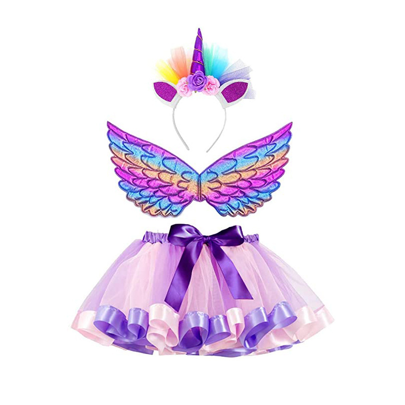 CM021 3-8 Year Girls Rainbow Tutu Skirt Unicorn Horn Headband and Fairy Wings Sets Princess Unicorn Theme Birthday Costume