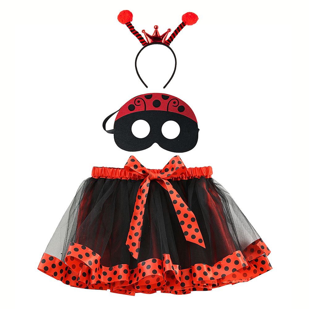 CM096 Kid Girls Halloween Ladybug Costume Cute Bows Tutu Skirt Headband Face Mask Set for Princess Carnival Party Outfits