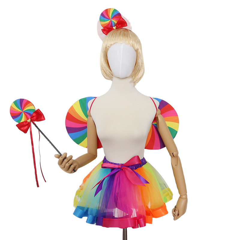 Girls Lollipop Tulle Tutu Skirt Headband Wings Fairy Stick Halloween Princess Puffy Tutu Skirt Rainbow Dress Set Party Costume