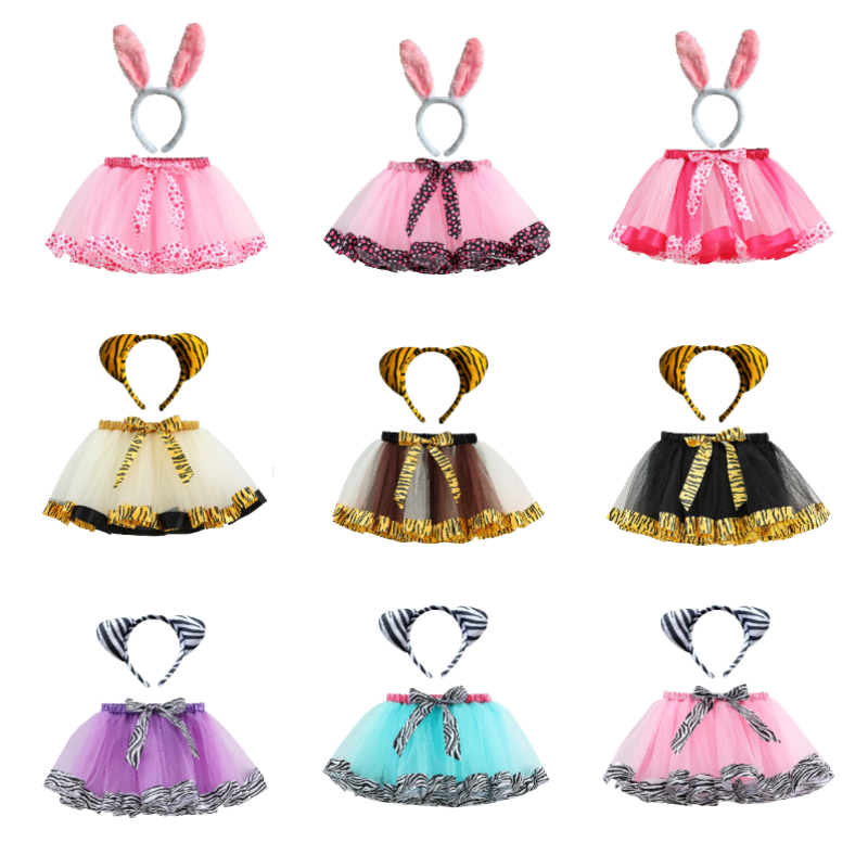 Children's Animal Series Cartoon Tulle Tutu Skirt Cow Rabbit Frog Zebra Tiger Headband Set Children's Cosplay Costume