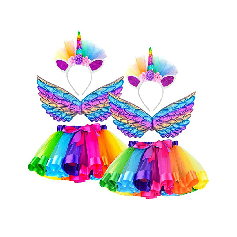 CM021 3-8 Year Girls Rainbow Tutu Skirt Unicorn Horn Headband and Fairy Wings Sets Princess Unicorn Theme Birthday Costume