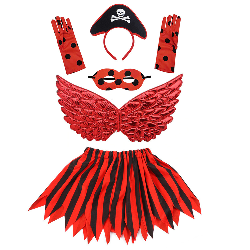 CM074 Kid Girls 3-8 Years Halloween Carnival Costume Pirate Headband Strip Tutu Skirt Wings Mask Gloves for Princess Dress Up