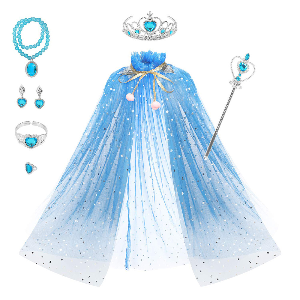 CM047 Princess Christmas Birthday Party Dress Girls Sequin Cape Cloak with Tiara Crown Jewelry for Little Girls Dress up Costume