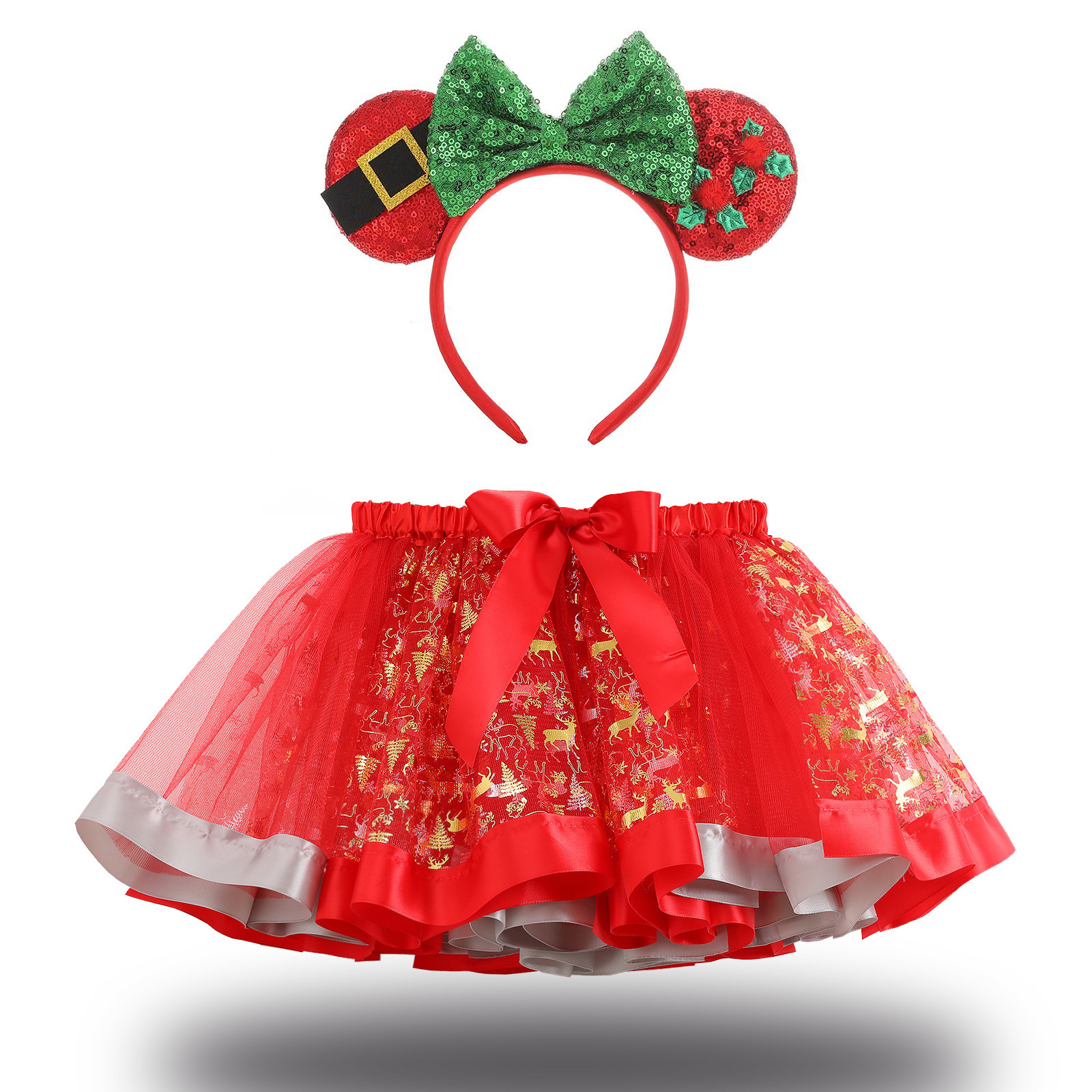 CM092 Minnie and Mickey Christmas Theme Party Costume Sequin Mouse Ears Headband with Satin Tutu Skirt for Princess Dress Up Set