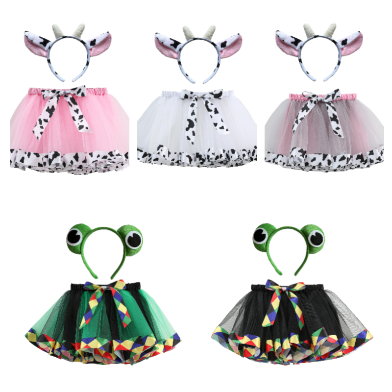 Children's Animal Series Cartoon Tulle Tutu Skirt Cow Rabbit Frog Zebra Tiger Headband Set Children's Cosplay Costume