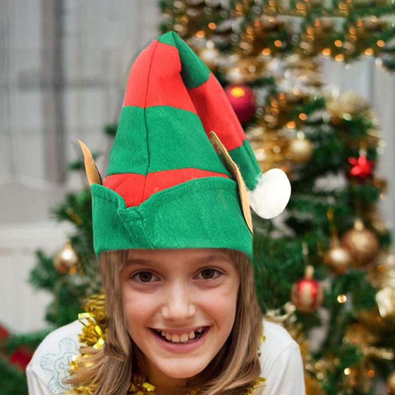 HB177 Factory Wholesale Xmas Party Costume Red Green Christmas Elf Hat with Ears for Adults Kids Fancy Accessory