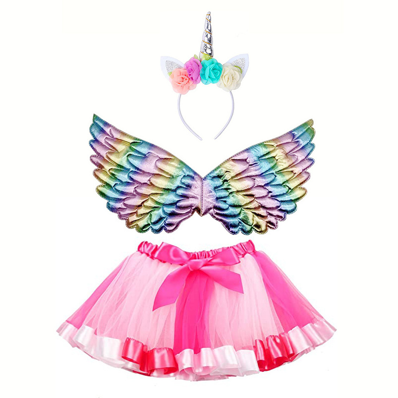 CM025 Girls Unicorn Costume Rainbow Mini Skirt with Bows Fairy Wings Unicorn Headband for Princess Birthday Party