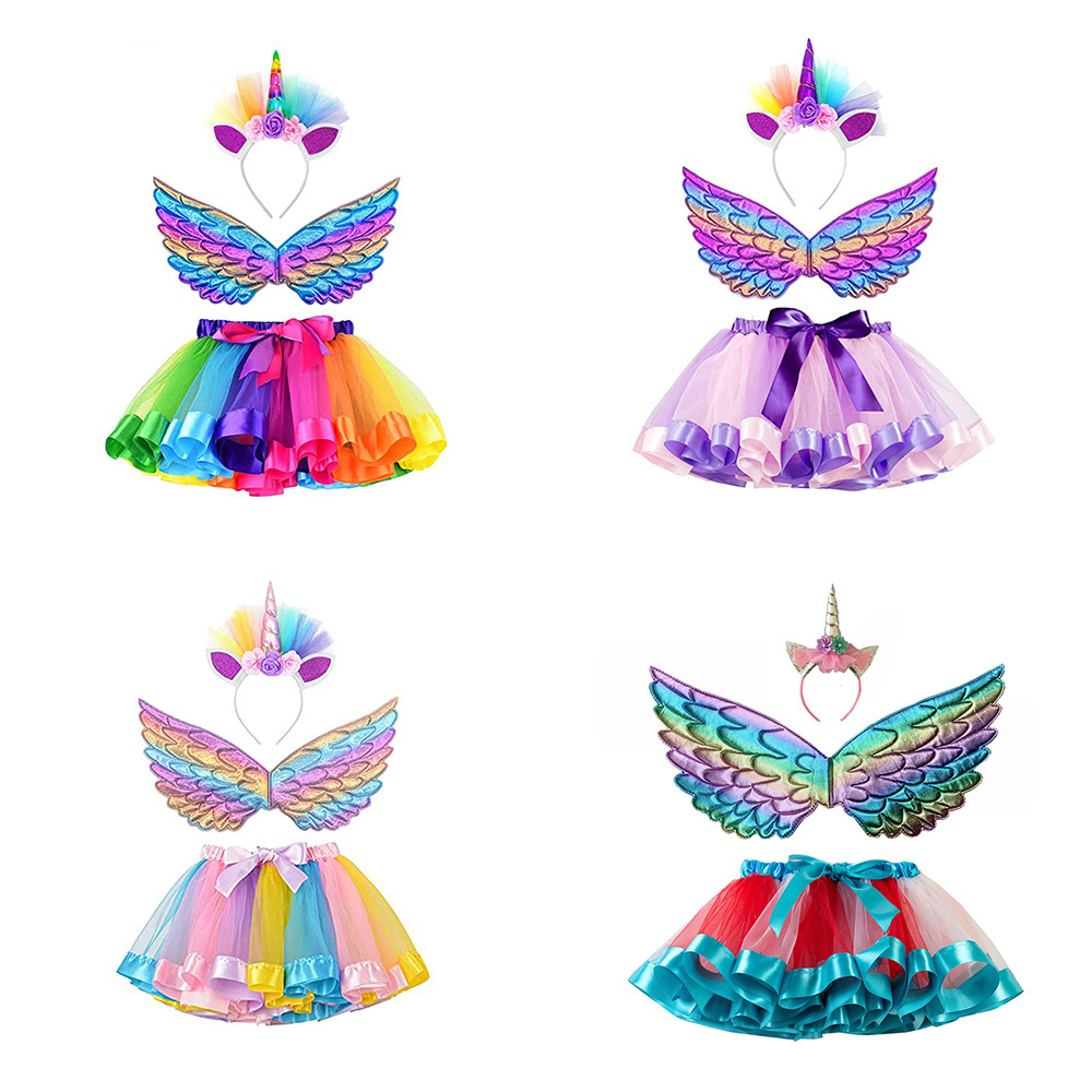 CM021 3-8 Year Girls Rainbow Tutu Skirt Unicorn Horn Headband and Fairy Wings Sets Princess Unicorn Theme Birthday Costume