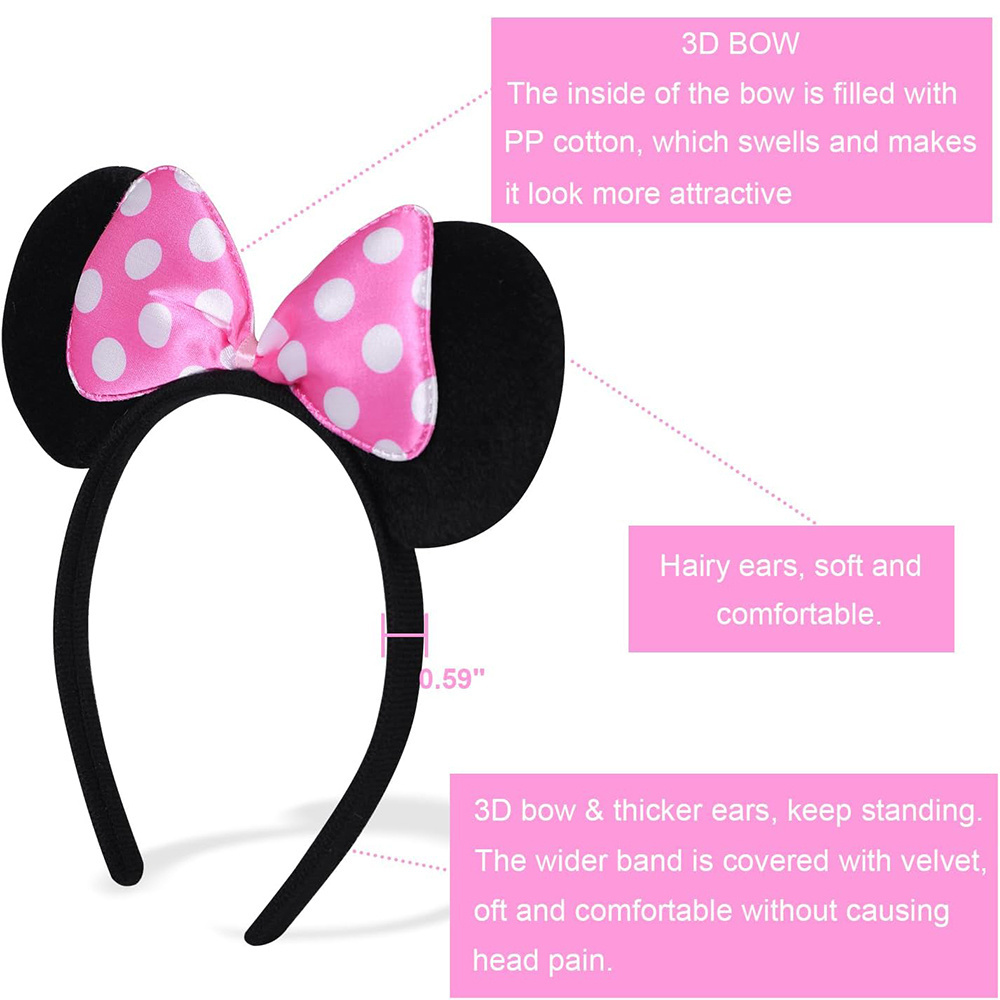 HB409 Wholesale Cheap Mouse Ears Headbands Classical Minnie Mouse Headband with Polka Dot Bows for Kid Girls Party Hair Hoops