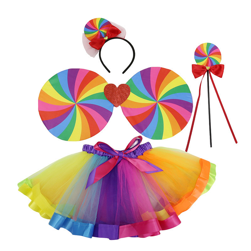 Girls Lollipop Tulle Tutu Skirt Headband Wings Fairy Stick Halloween Princess Puffy Tutu Skirt Rainbow Dress Set Party Costume