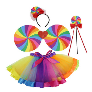 Girls Lollipop Tulle Tutu Skirt Headband Wings Fairy Stick Halloween Princess Puffy Tutu Skirt Rainbow Dress Set Party Costume