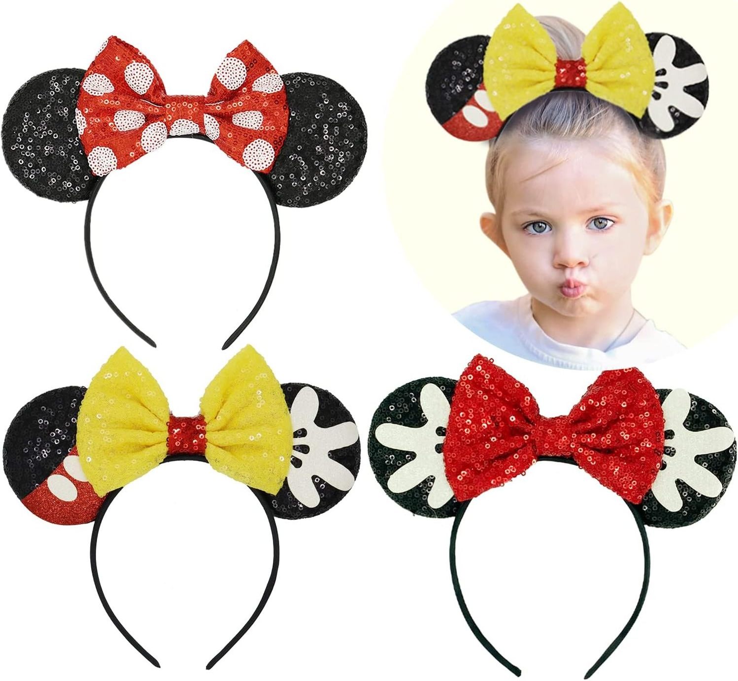 HB410 Wholesale Sequin Mouse Ears Headband Shiny Minnie Mouse Ears Headband for Women Girls Park Party Hair Hoops