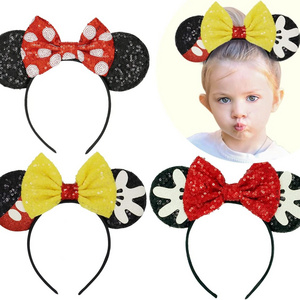 HB410 Wholesale Sequin Mouse Ears Headband Shiny Minnie Mouse Ears Headband for Women Girls Park Party Hair Hoops