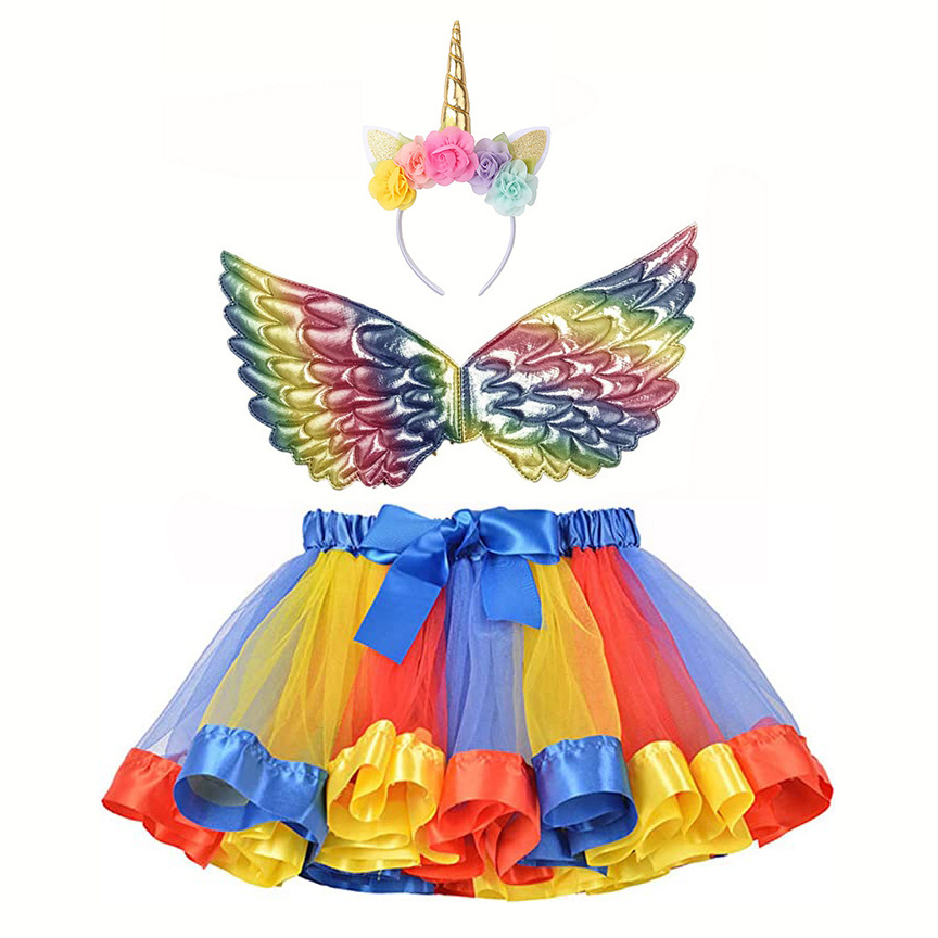 CM025 Girls Unicorn Costume Rainbow Mini Skirt with Bows Fairy Wings Unicorn Headband for Princess Birthday Party