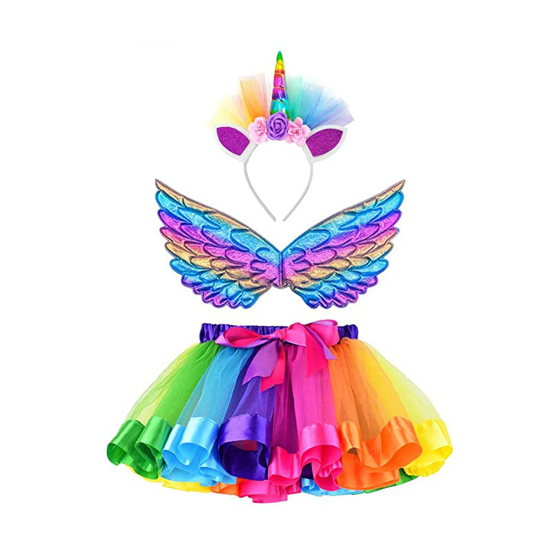 CM021 3-8 Year Girls Rainbow Tutu Skirt Unicorn Horn Headband and Fairy Wings Sets Princess Unicorn Theme Birthday Costume