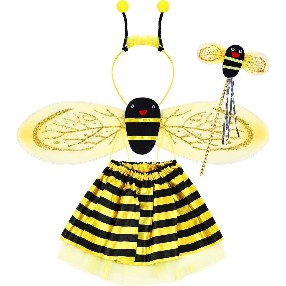 CM052 Kids Halloween Bee Costume Boy Girls Animal Dress Up Butterfly Wings Antenna Headband Magic Wand Tutu Dress Skirt Set