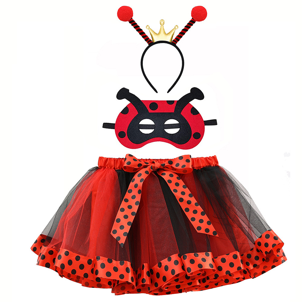 CM096 Kid Girls Halloween Ladybug Costume Cute Bows Tutu Skirt Headband Face Mask Set for Princess Carnival Party Outfits