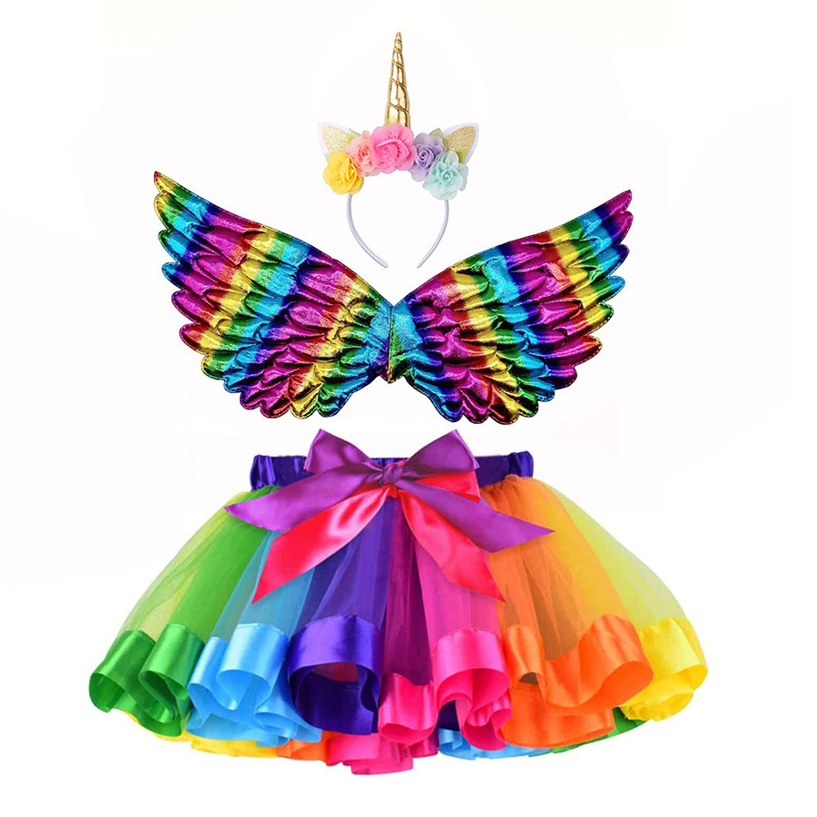 CM025 Girls Unicorn Costume Rainbow Mini Skirt with Bows Fairy Wings Unicorn Headband for Princess Birthday Party