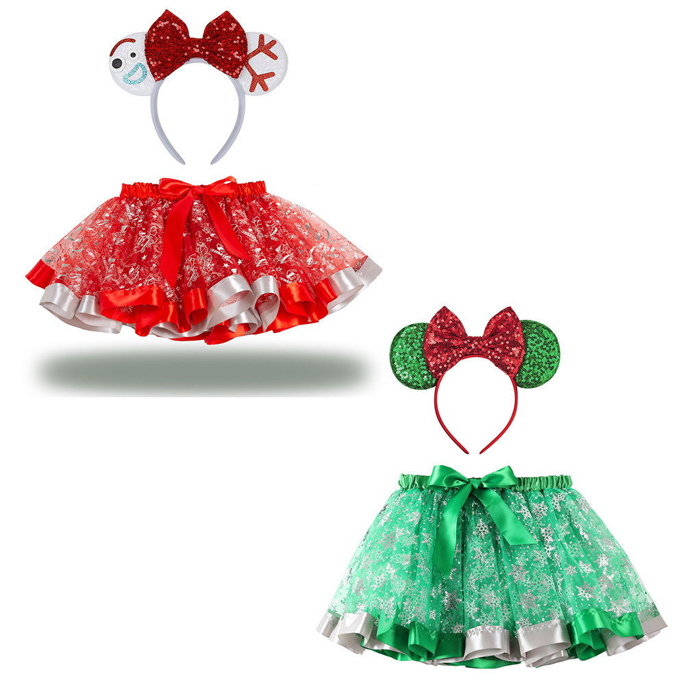 CM092 Minnie and Mickey Christmas Theme Party Costume Sequin Mouse Ears Headband with Satin Tutu Skirt for Princess Dress Up Set