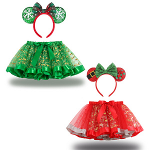 CM092 Minnie and Mickey Christmas Theme Party Costume Sequin Mouse Ears Headband with Satin Tutu Skirt for Princess Dress Up Set