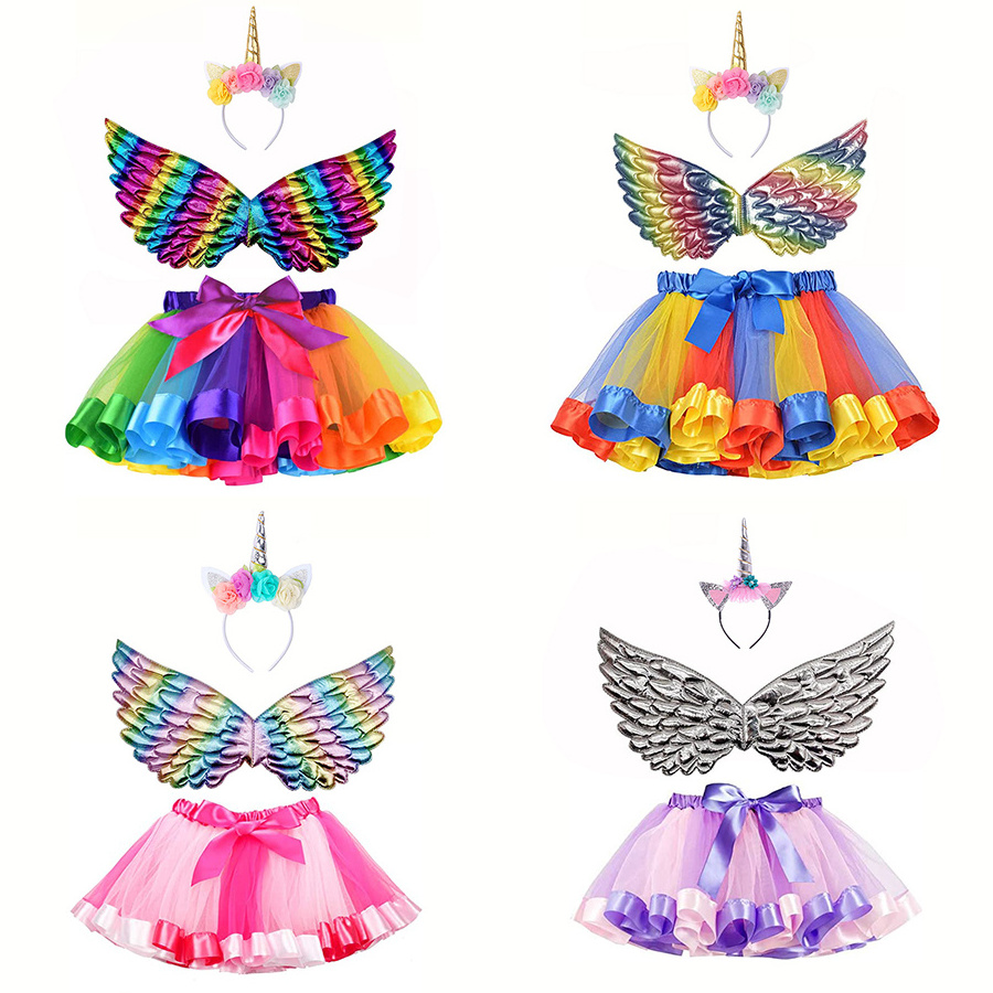 CM025 Girls Unicorn Costume Rainbow Mini Skirt with Bows Fairy Wings Unicorn Headband for Princess Birthday Party