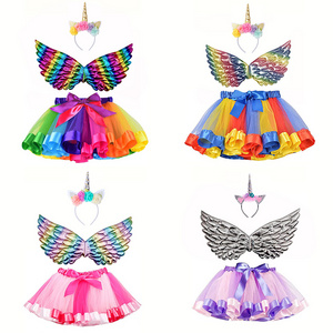 CM025 Girls Unicorn Costume Rainbow Mini Skirt with Bows Fairy Wings Unicorn Headband for Princess Birthday Party