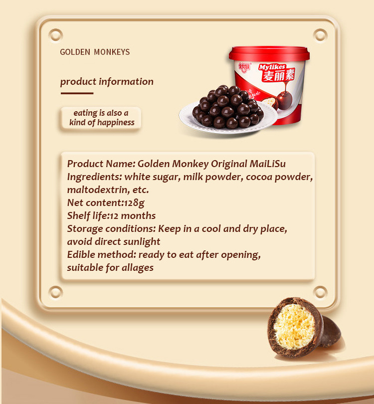 New Arrival Golden Monkey 128g Crispy Chocolate Balls Exotic Mailisu Candy Soft and Delicious Fruit Flavored Snacks in Bag