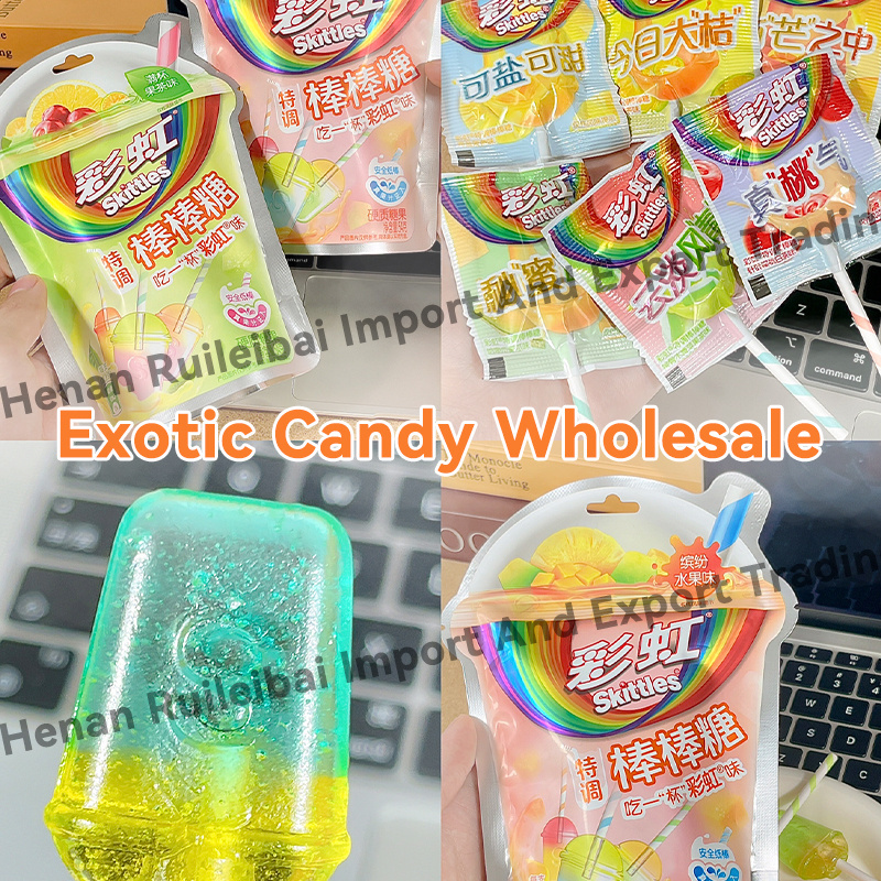 Wholesale Asian Snacks Skittless Rainbow Lollipop 54g Exotic Candies Fruit Tea Flavor Sweets Snacks