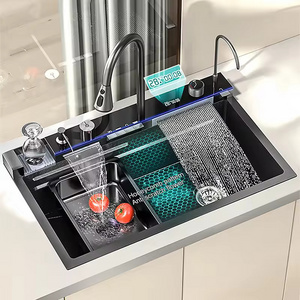 Large Single Slot Multifunction Sink Anti-Scratch LED Digital Display Waterfall Kitchen Sink With Cup Washer and soap dispenser