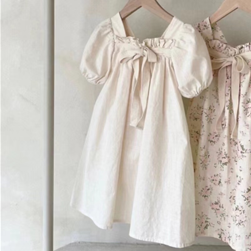 Customization JKFS Kids Girls Dress Floral Front Bows Infant Baby Rompers Summer Short Puff Sleeve Princess Party Dresses