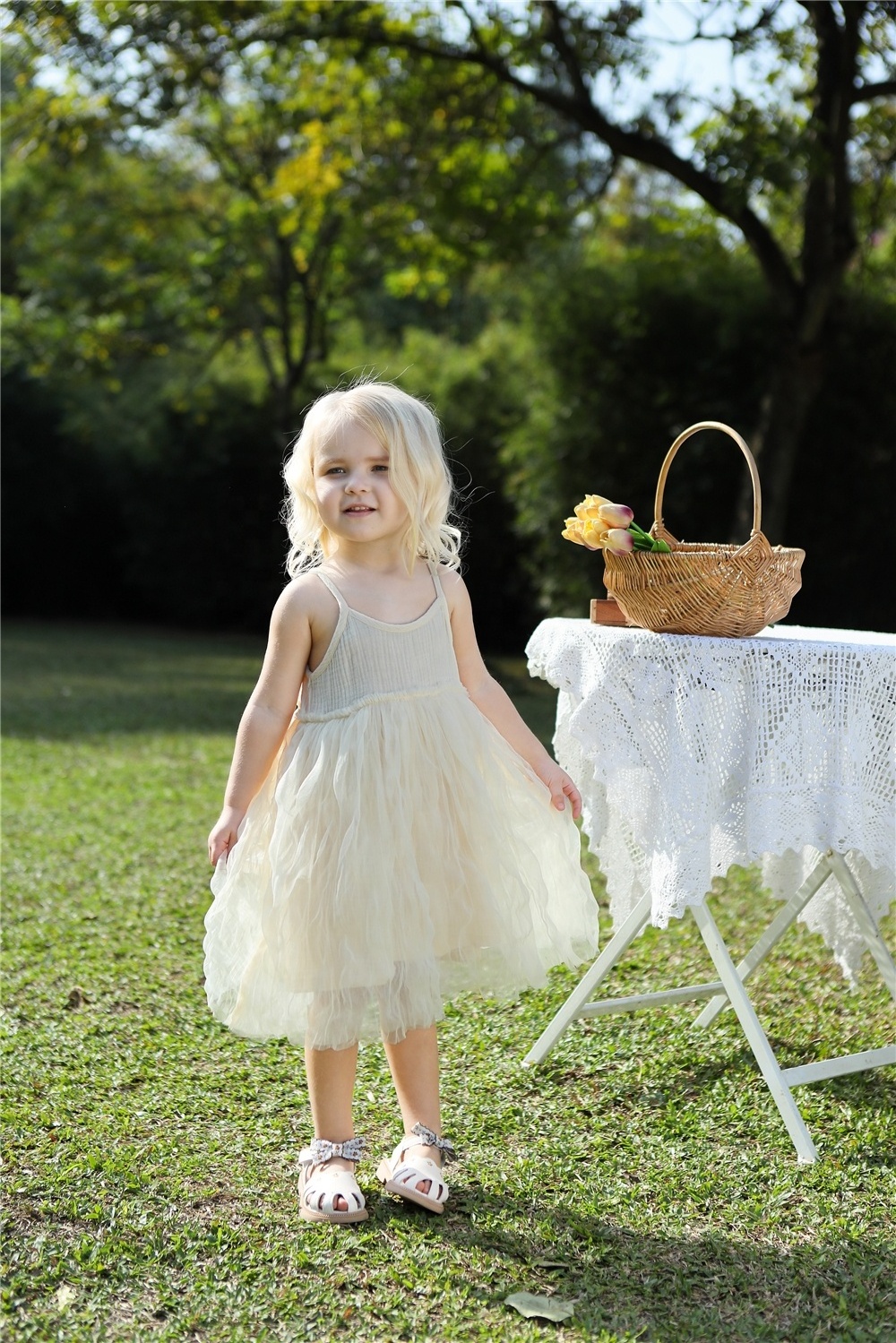 Custom INS Tutu Muslin Kids Dress Sleeveless Linen Cotton Summer Little Girls Dress Boutique Tulle Children Dress