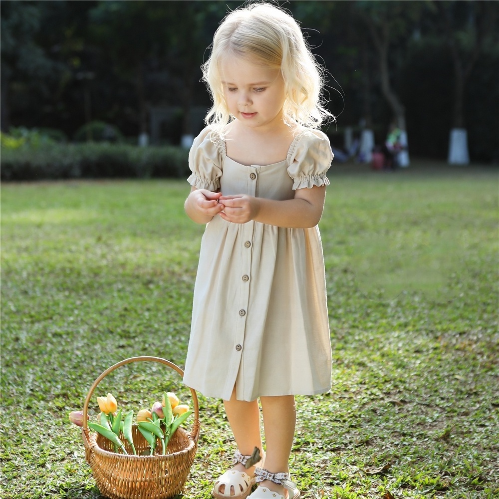 Toddler Girls Dresses Puff Short Sleeve Cotton Linen Princess Sundress Boutique Casual Kids Dress Girls Linen