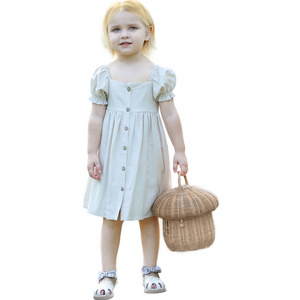 Toddler Girls Dresses Puff Short Sleeve Cotton Linen Princess Sundress Boutique Casual Kids Dress Girls Linen