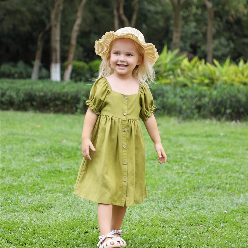 Toddler Girls Dresses Puff Short Sleeve Cotton Linen Princess Sundress Boutique Casual Kids Dress Girls Linen