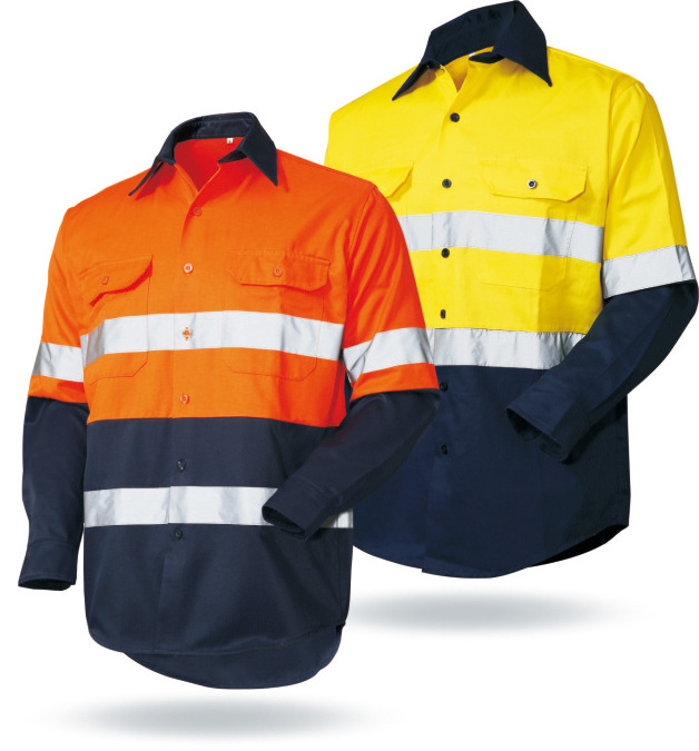 100% cotton hi-vis long sleeve two tone reflective safety work shirt clothing with reflective tapes for man woman logo customize