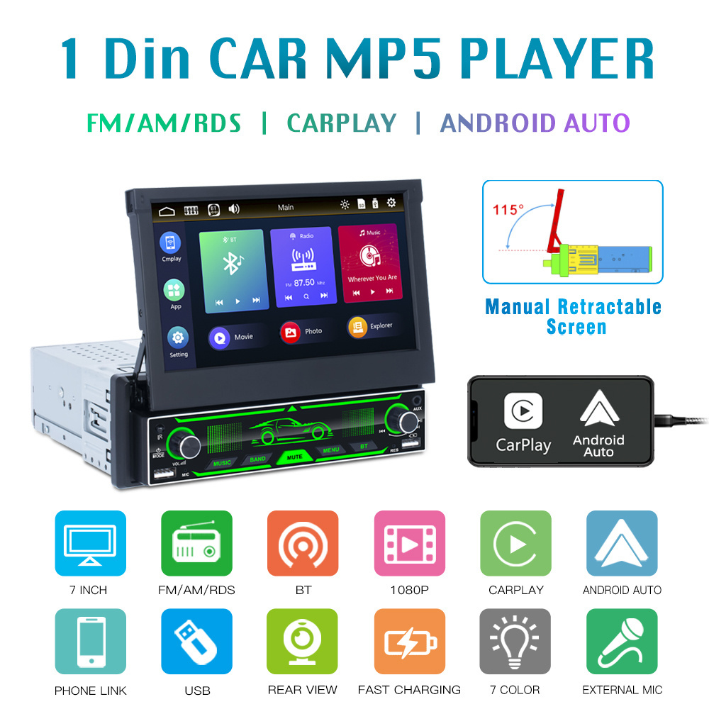 7 Inch 1 Din Retractable Touch Screen FM AM RDS Carplay Android Auto Car Radio MP5 Player