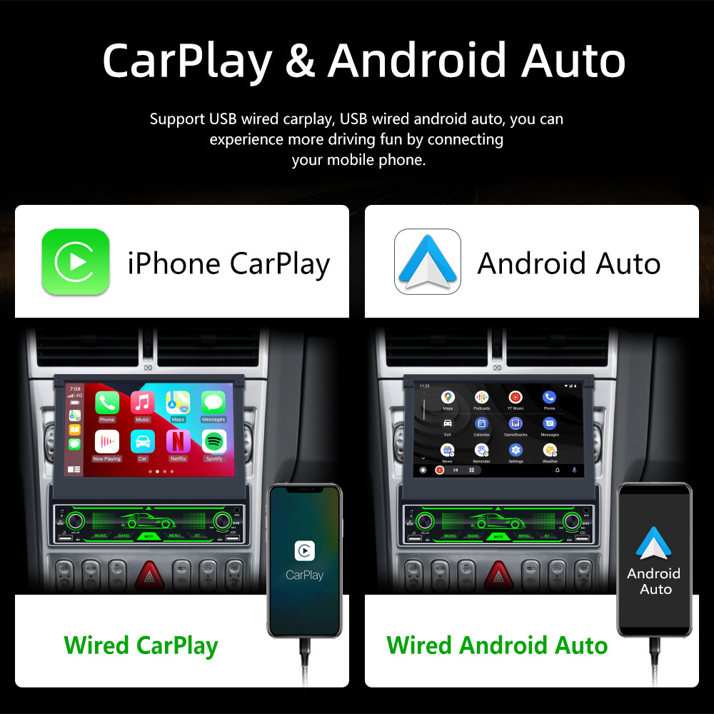 7 Inch 1 Din Retractable Touch Screen FM AM RDS Carplay Android Auto Car Radio MP5 Player