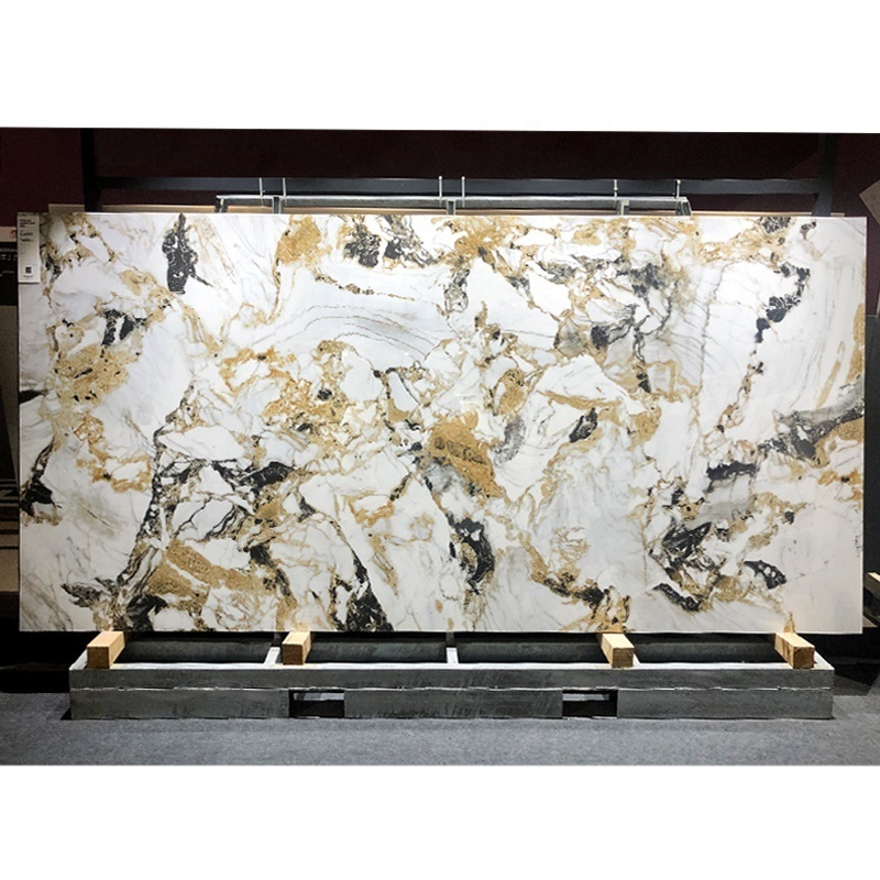 160x320cm Large Format Porcelain Slab Glazed Polished Floor Tile Golden Marble White Ceramic Tiles